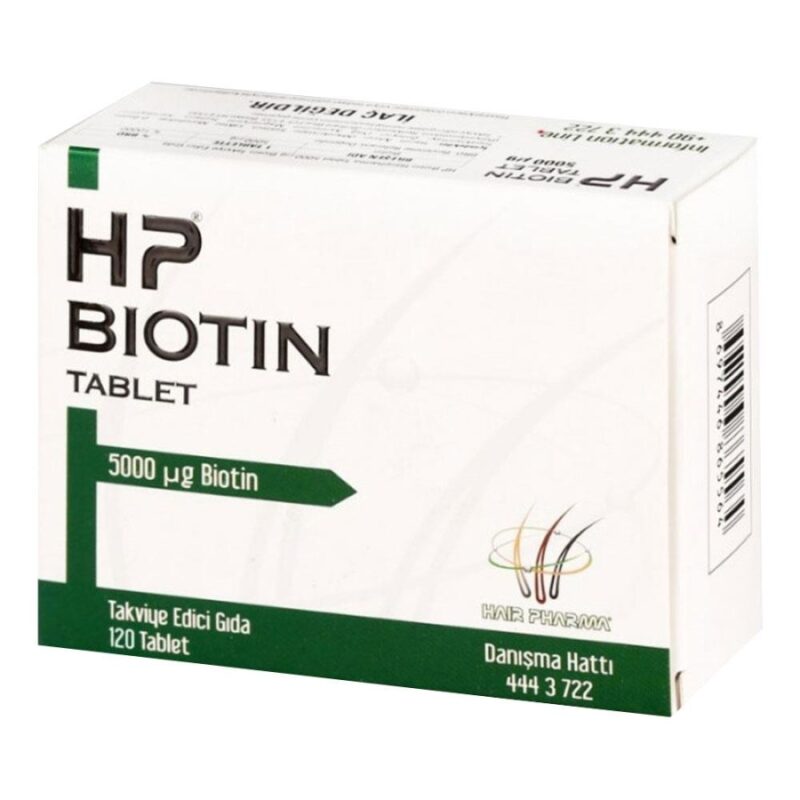 Defnil Pharma HP Hair Pharma Biotin 5 mg 120 Tablets – white blister-packed vitamin B7 supplement box for hair loss, nail strengthening, and skin health support