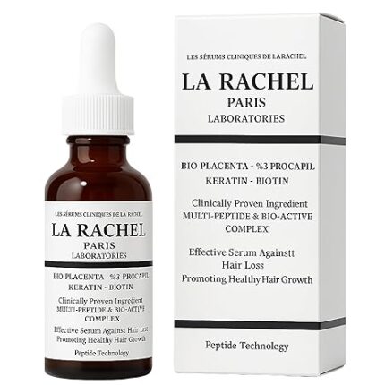 La Rachel-Paris Anti-Hair Loss Hair Serum bottle with patented Apigenin, Oleanolic Acid and Biotinyl Tripeptide formula for reducing hair loss and stimulating new hair growth